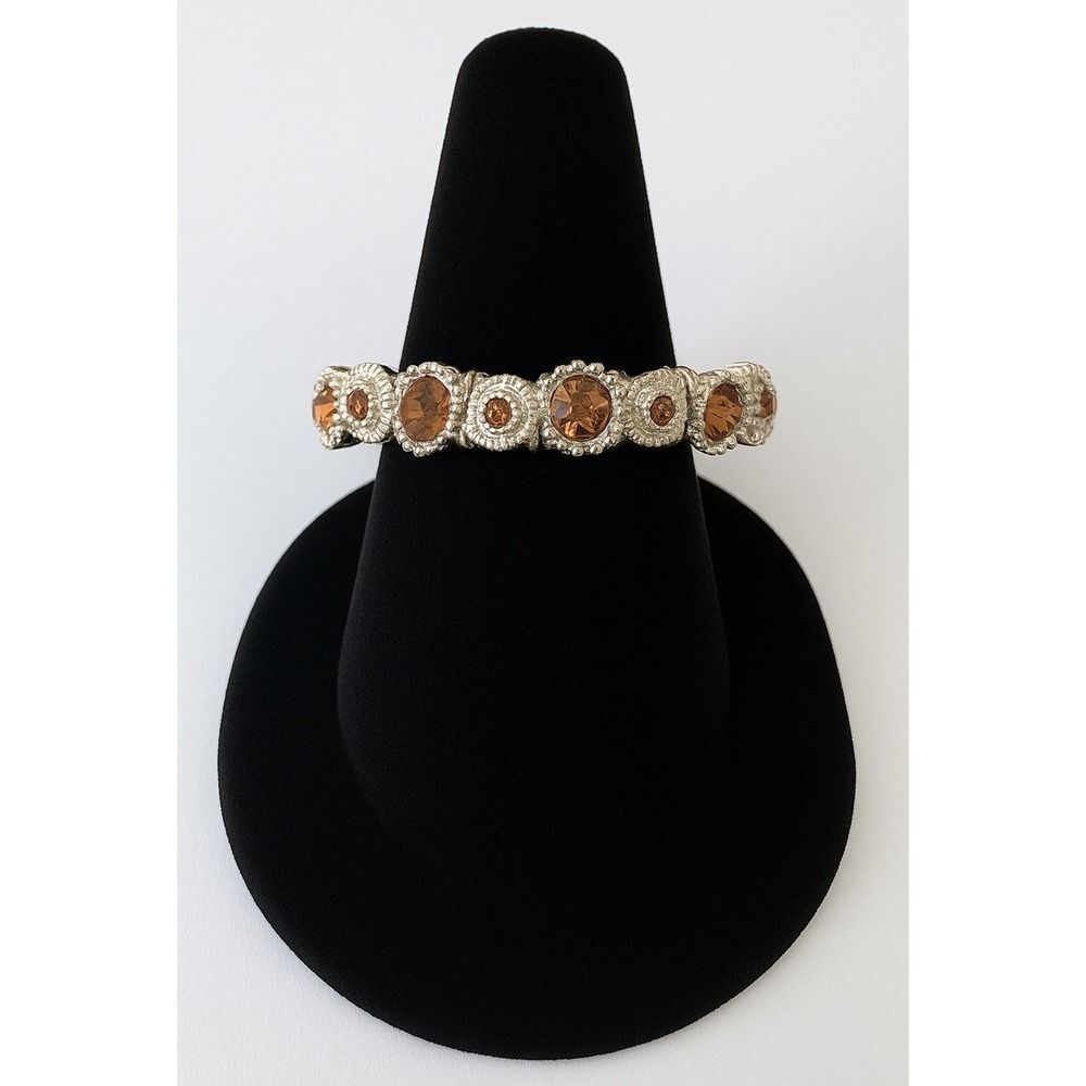 Vintage Womens Amber & Silver Heavy Floral Stretchy Slip On Bracelet